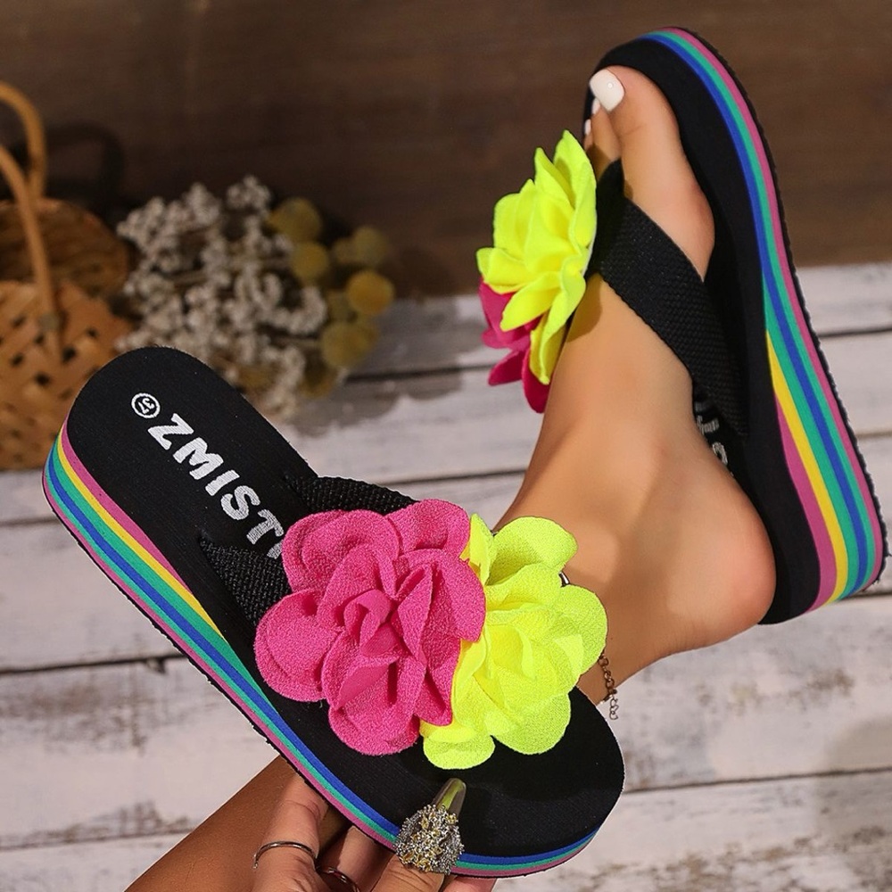 Black Sandals with Pink and Yellow Floral Accents